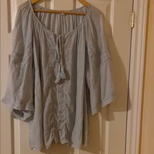 Gray Bell Sleeve Blouse with Tie Front